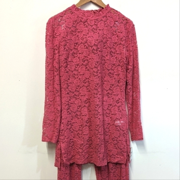 Open Edit Lace Mesh Tunic Pajama Set Pink Rapture L sheer Stretch Layering Top - Picture 7 of 15
